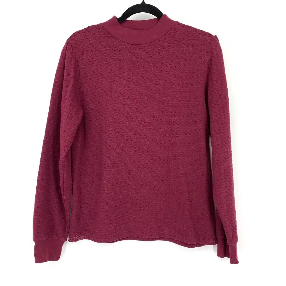 J.Crew Pointelle Mock Neck Puff Sleeve Tee Womens Size Medium Burgundy NEW